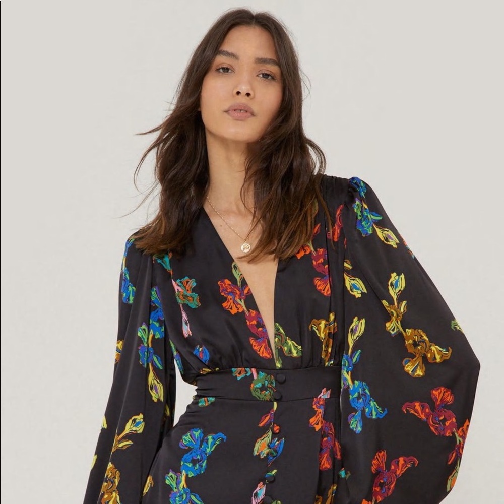 Satin Floral Balloon Sleeve Mini Dress